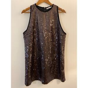 Zara Chocolate Brown Black Sequin Sparkle Velvet Trim Holiday Party Dress Mini L